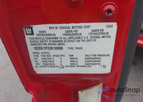 2003 Chevrolet Silverado 1500 Ls from USA, damaged, VIN 1GCEK19T63E199906